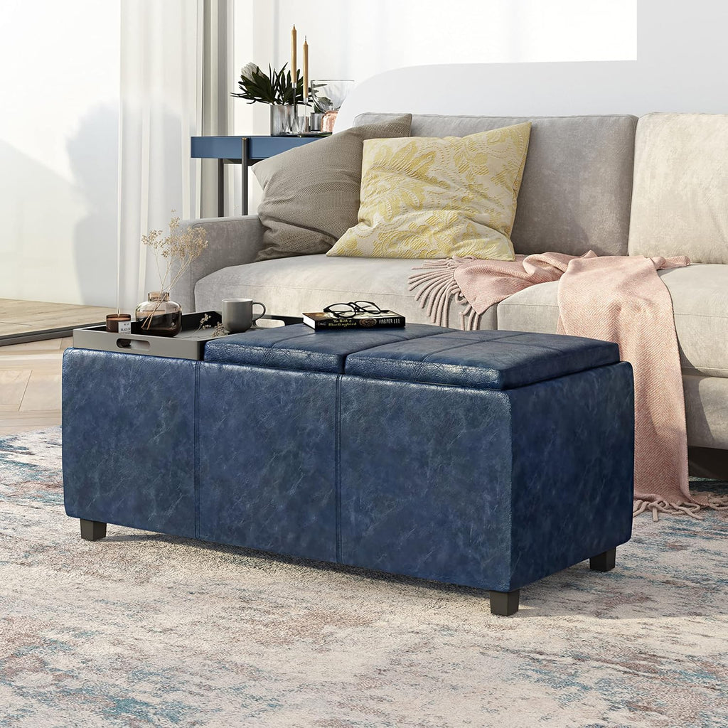 SIMPLIHOME Avalon Storage Ottoman - 42 inch Wide Upholstered Vegan Leather Rectangular Flip-Top Ottoman in Denim Blue, Contemporary Coffee Table Ottoman for Living Room with Hidden Storage