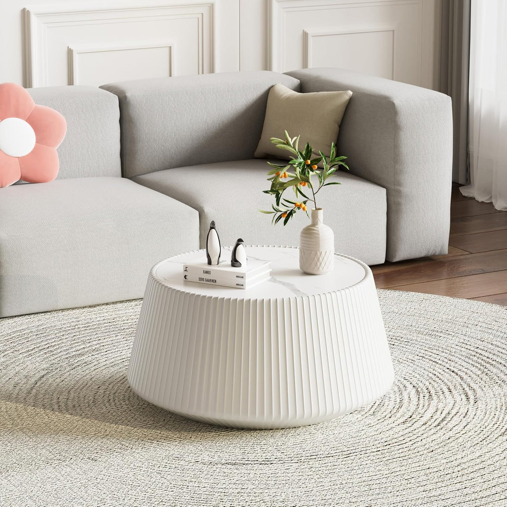 Round Coffee Table Set with Sintered Stone Tabletop, 26.77' White Drum Center Table and 19.68' Black Coffee Table Set, 2 Pieces Living Room Table Set with Fluted PU Leather Cover& Stable Base