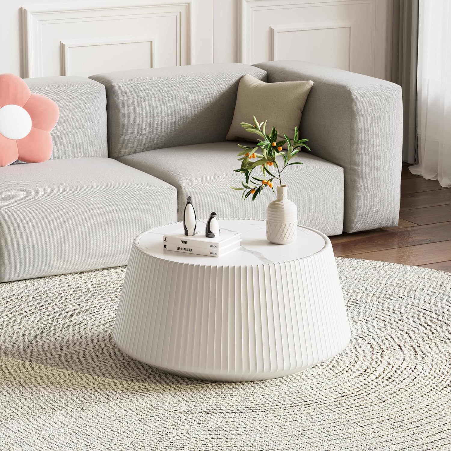 Round Coffee Table Set with Sintered Stone Tabletop, 26.77' White Drum Center Table and 19.68' Black Coffee Table Set, 2 Pieces Living Room Table Set with Fluted PU Leather Cover& Stable Base