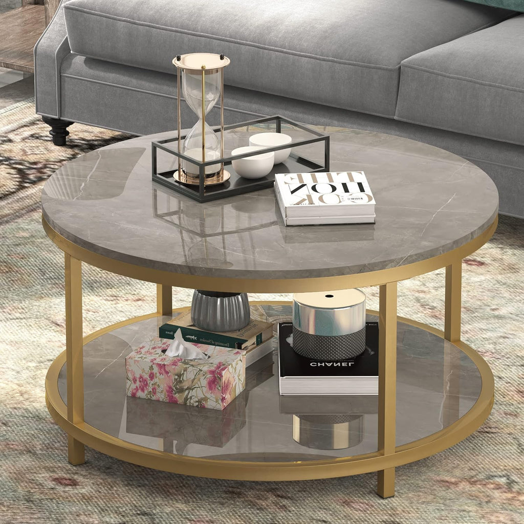 WiberWi Round Coffee Table 33.5' Coffee Tables for Living Room High Glossy Faux Marble Top Modern Circle Table Sturdy Gold Metal Frame Legs Cocktail Table with Storage Open Shelf