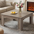 Square Coffee Table for Living Room, 39.4'' Farmhouse Wood Grain Finish Coffee Table with Carved Legs, Rustic Simple Style Center Table, Easy Assembly, Grey Wood