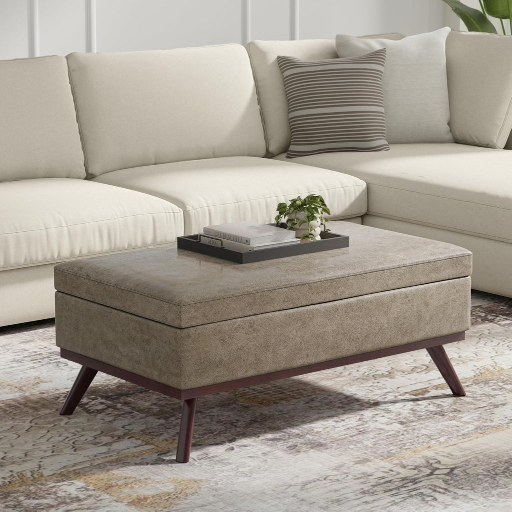 SIMPLIHOME Owen Lift Top Coffee Table Storage Ottoman - 42 inch Wide Upholstered Vegan Leather Rectangular Lift-Top Ottoman in Distressed Smoky Grey Brown, Mid-Century Modern Ottoman for Living Room