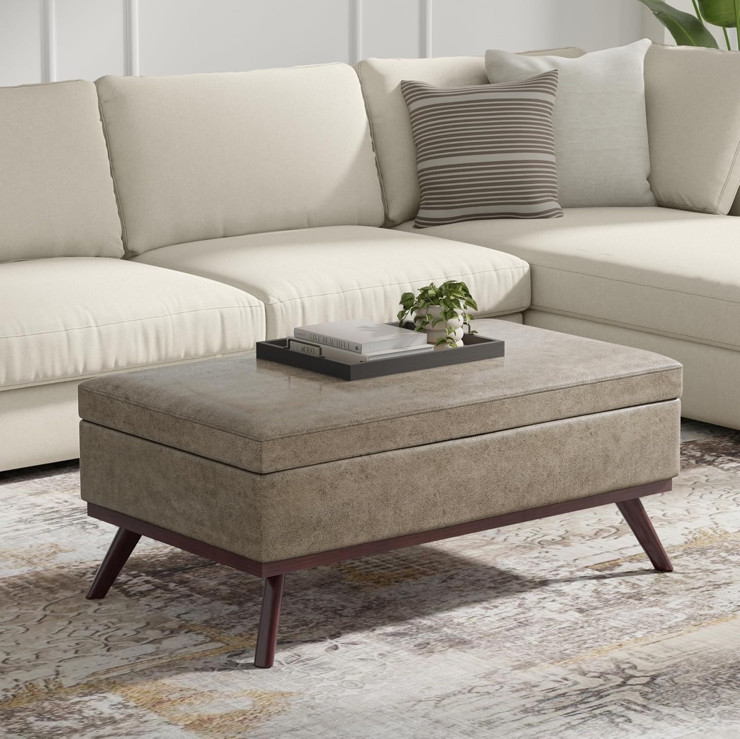 SIMPLIHOME Owen Lift Top Coffee Table Storage Ottoman - 42 inch Wide Upholstered Vegan Leather Rectangular Lift-Top Ottoman in Distressed Smoky Grey Brown, Mid-Century Modern Ottoman for Living Room