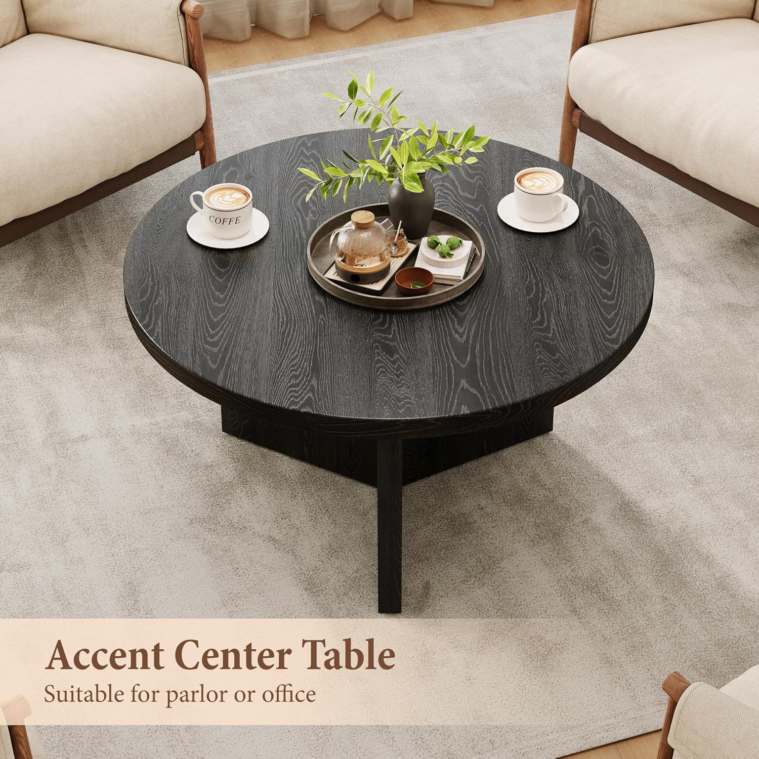Luoxiao 31.5' Black Round Coffee Table Modern Circle Center Table for Living Room, Space-Saving Wood Accent Table for Apartments, Study, with Adjustable Feet Pads, Easy Assembly