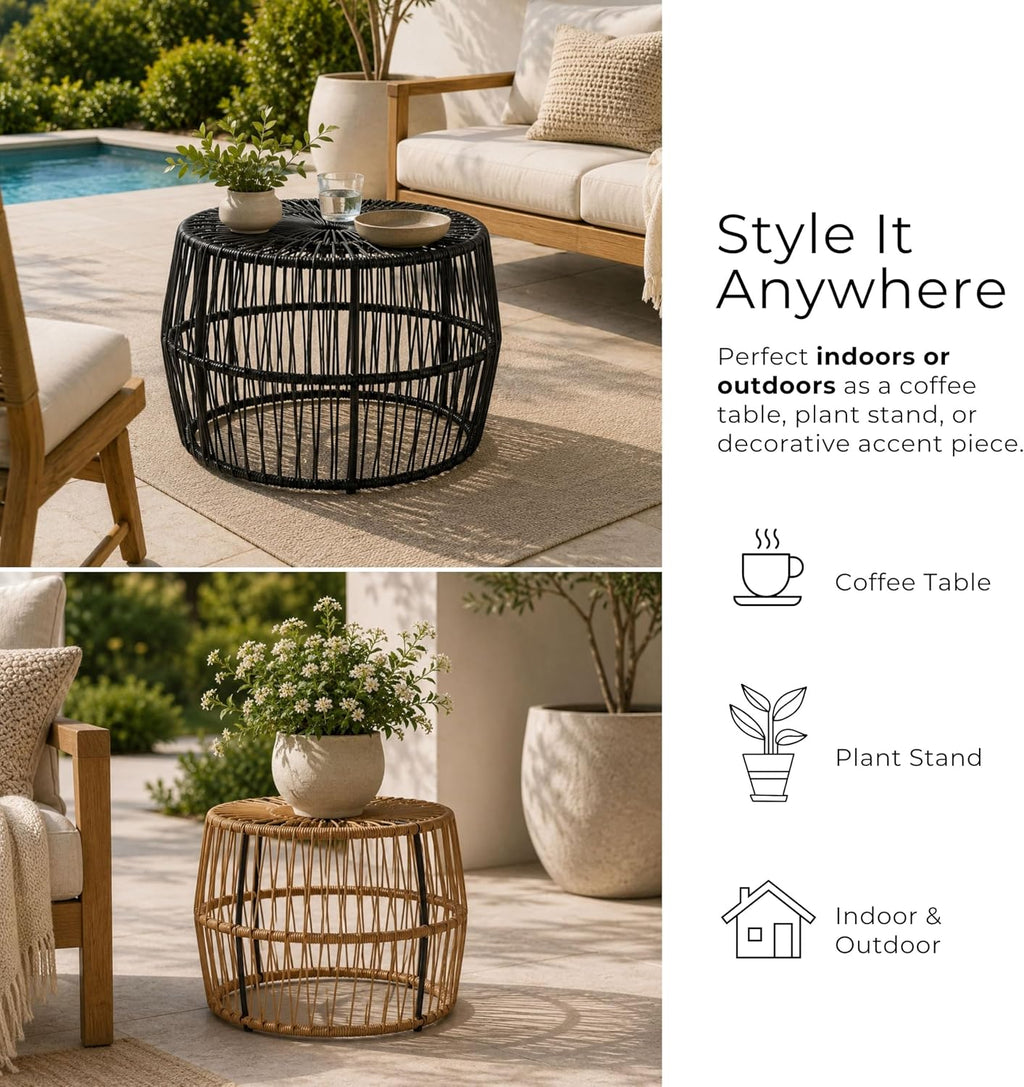 Furniture of America Ysar Boho Rattan Round Coffee Table Outdoor with Metal Frame, All-Weather and Rust Resistant, Handcrafted Coastal Furniture for Patio, Poolside, Garden, Yard, Natural Brown
