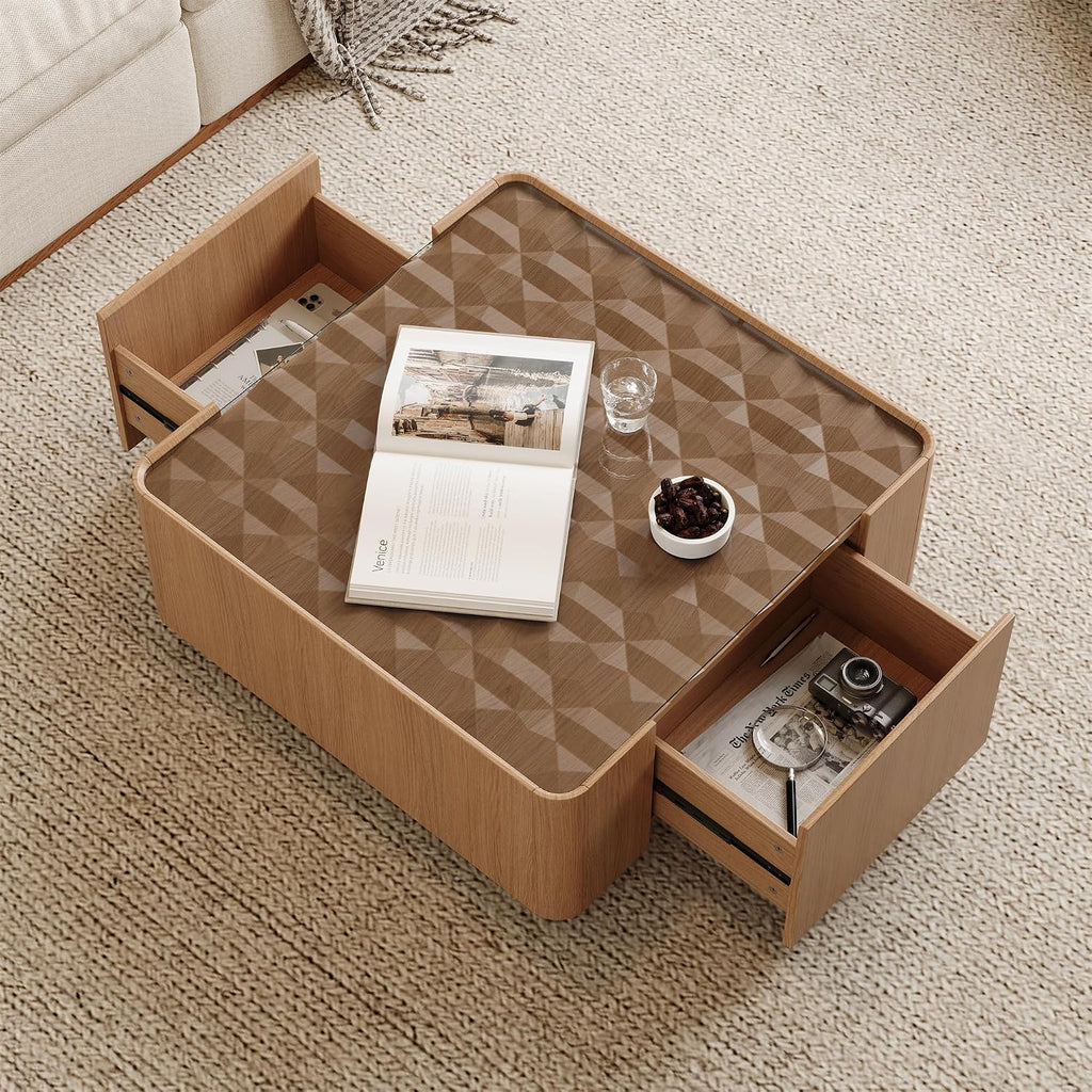 SSLine 31.5' Square Coffee Table with 2 Storage Drawers & Tempered Glass Top, Modern Wooden Center Table with Diamond Texture, Walnut for Living Room