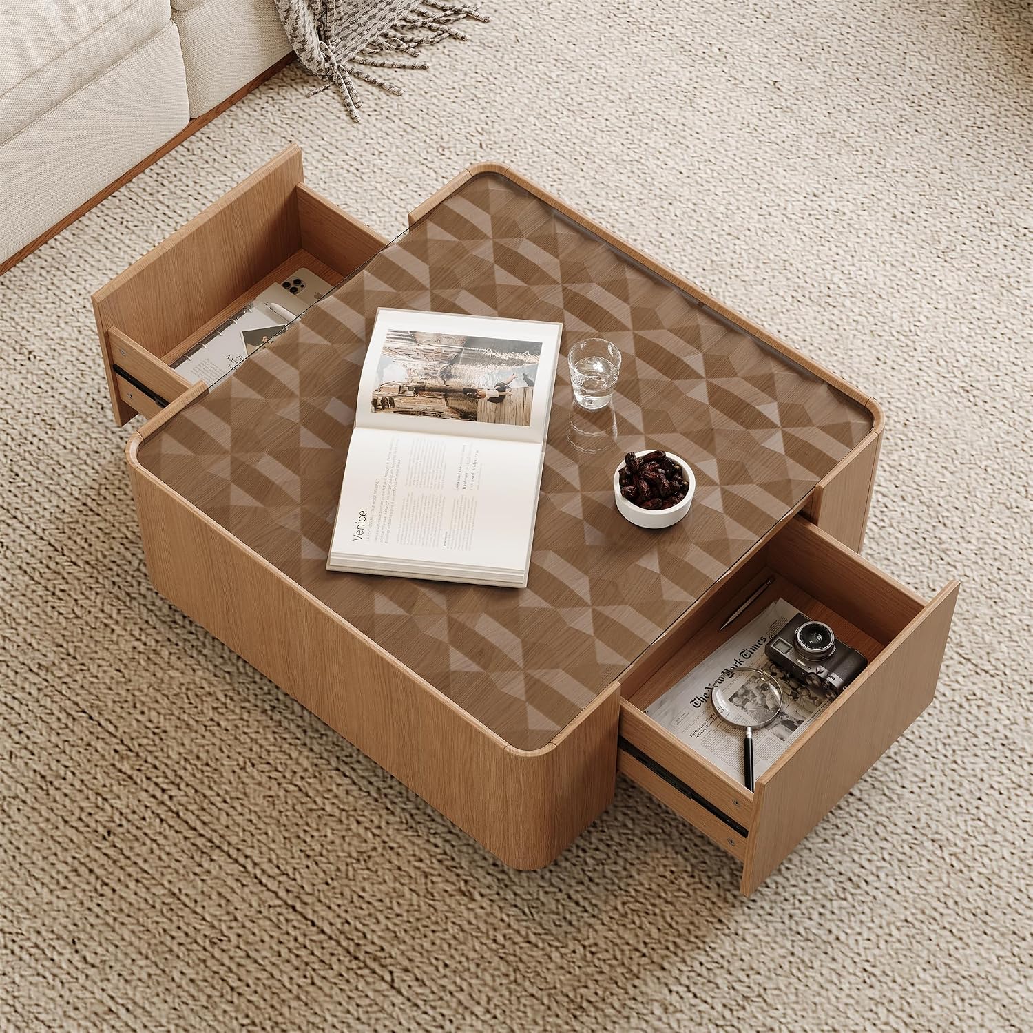 SSLine 31.5' Square Coffee Table with 2 Storage Drawers & Tempered Glass Top, Modern Wooden Center Table with Diamond Texture, Walnut for Living Room