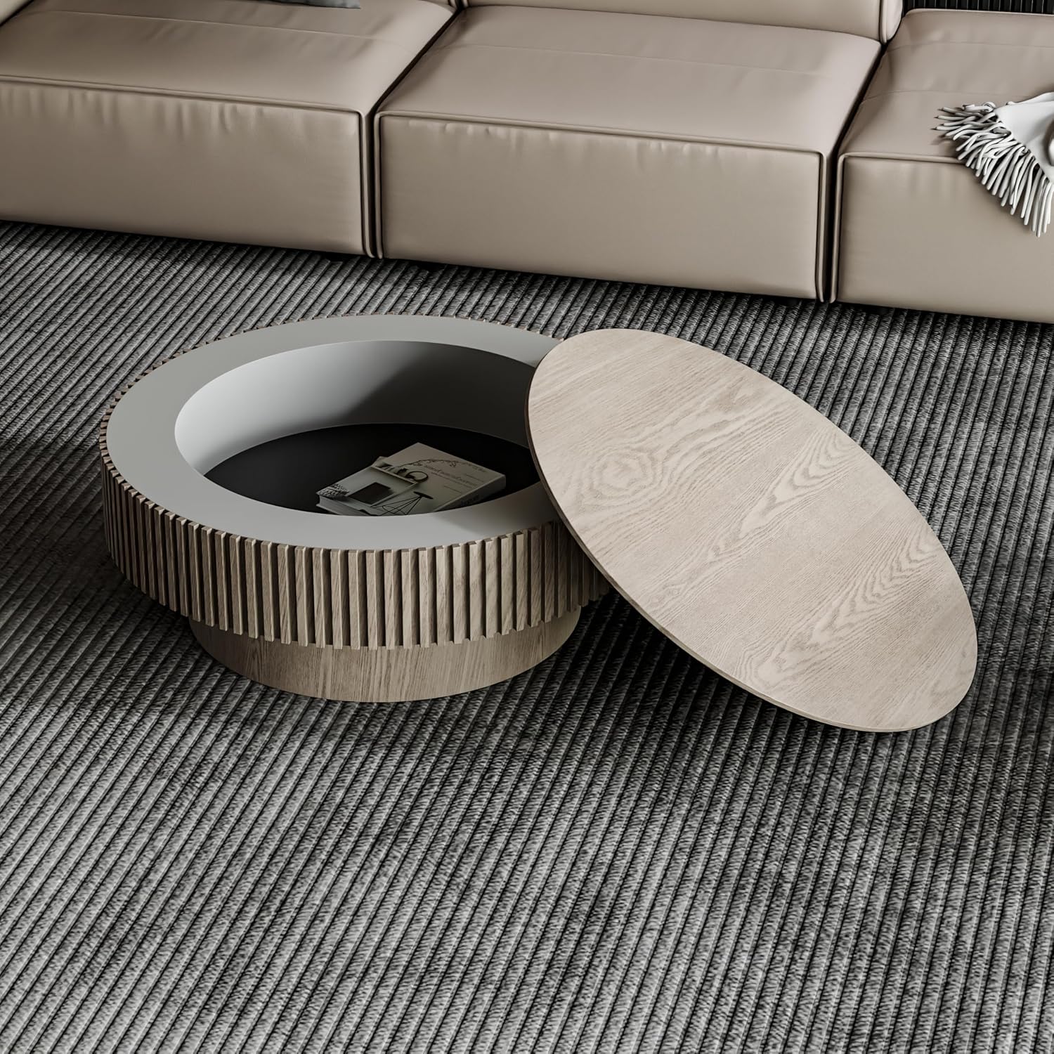 31.5'' Round Coffee Table Modern Wood Coffee Table with Storage Space for Living Room, Contemporary Circle Fluted Drum Pedestal Style, Easy Assembly, Gray (ø31.49'' x 14'')
