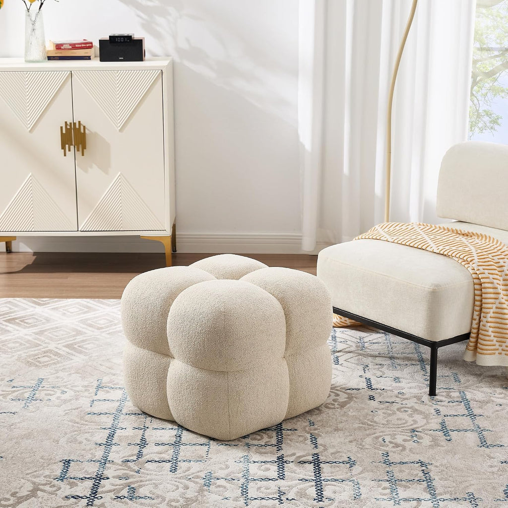 Zesthouse Square Pouf Ottomans Footstool set of 2, Upholstered Poofy Ottoman for Couch Sofa, Modern Ottoman Coffee Table for Living Room, Beige Linen Fabric Stool Foot Rest, Cute Vanity Chair Backless