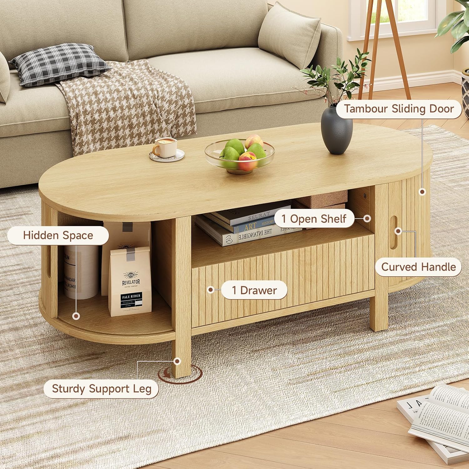 ONBRILL 47.2 Inch Oval Coffee Table with Storage, Mid Century Modern Coffee Table with Drawer, Center Table with Sliding Door and Wood Fluted Handle for Living Room, Oak