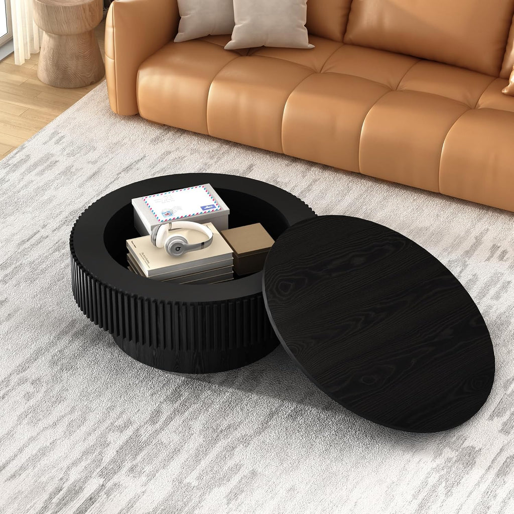 Round Coffee Table with Storage, Small Solid Wood Coffee Table for Living Room, Mid Century Modern Circle Center Tables for Small Space Apartment (31.5''D×14''H-Black)