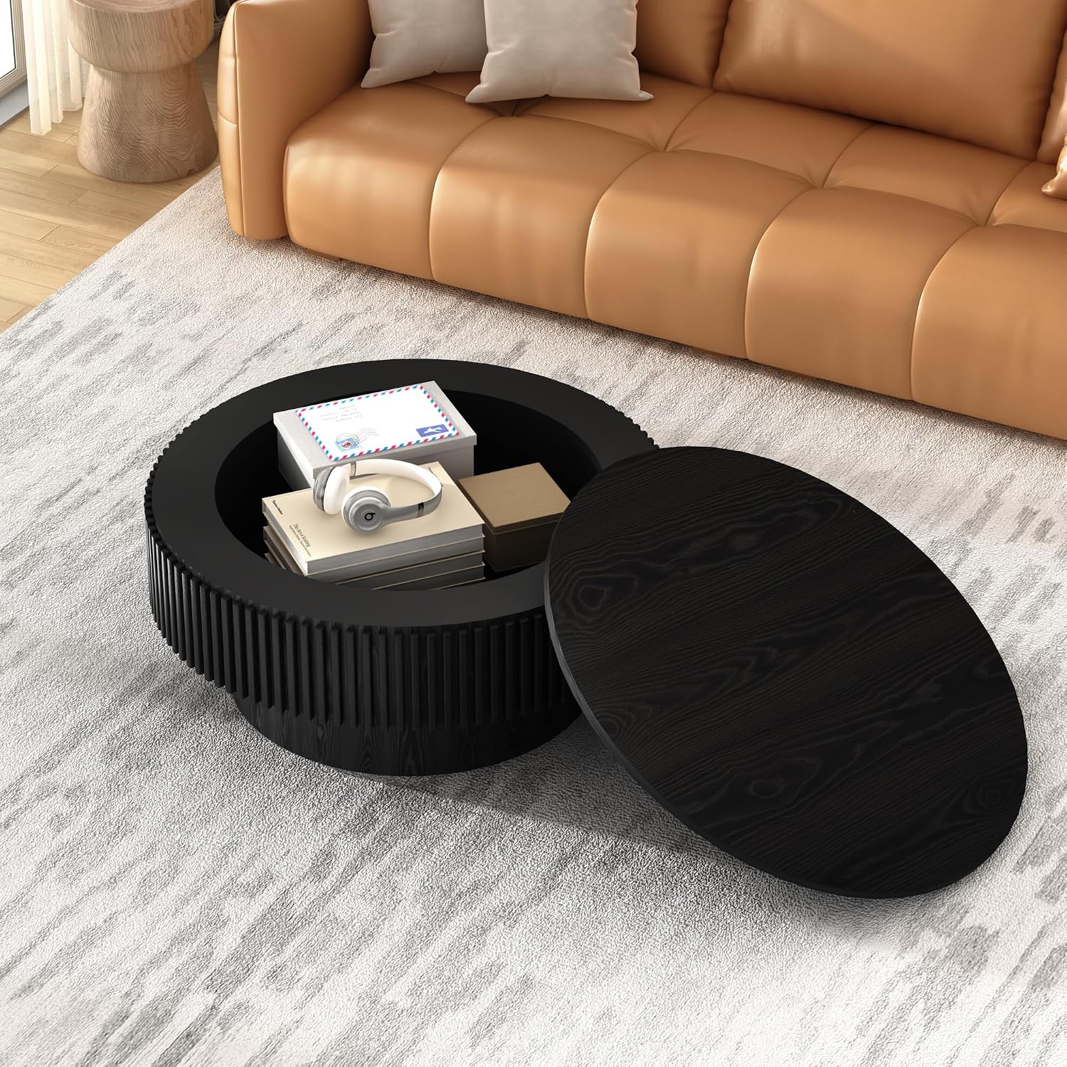 Round Coffee Table with Storage, Small Solid Wood Coffee Table for Living Room, Mid Century Modern Circle Center Tables for Small Space Apartment (31.5''D×14''H-Black)