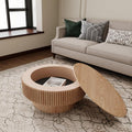 31.5'' Round Coffee Table with Storage Space, Modern Wood Circle Fluted Drum Pedestal Coffee Table for Living Room, Easy Assembly, Oak (ø31.49'' x 14'')