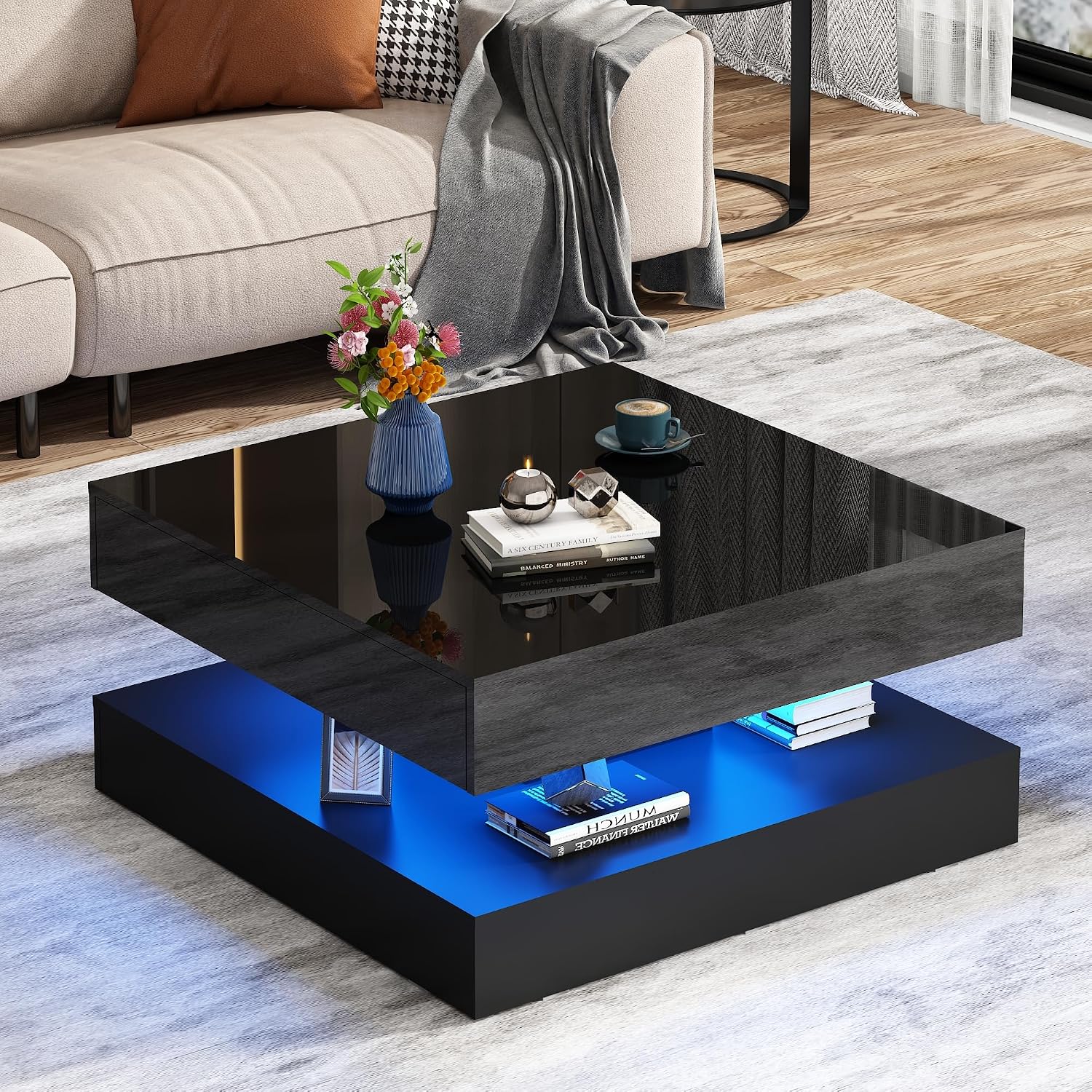 jiteentarou 33.9' LED Coffee Table with Storage, Modern High Glossy Living Room Table w/2 Drawers,Double-Layer Design Large Square Center Table for Living Room, Home, Office, Black