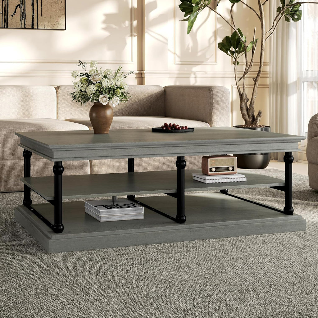 Christopher Knight Home Oner Living Room Coffee Table with Spacious 2-Tier Design, Modern Rubberwood Rectangular Side Table, Multifunctional Accent Table with Open Storage Shelves, Black + Gray