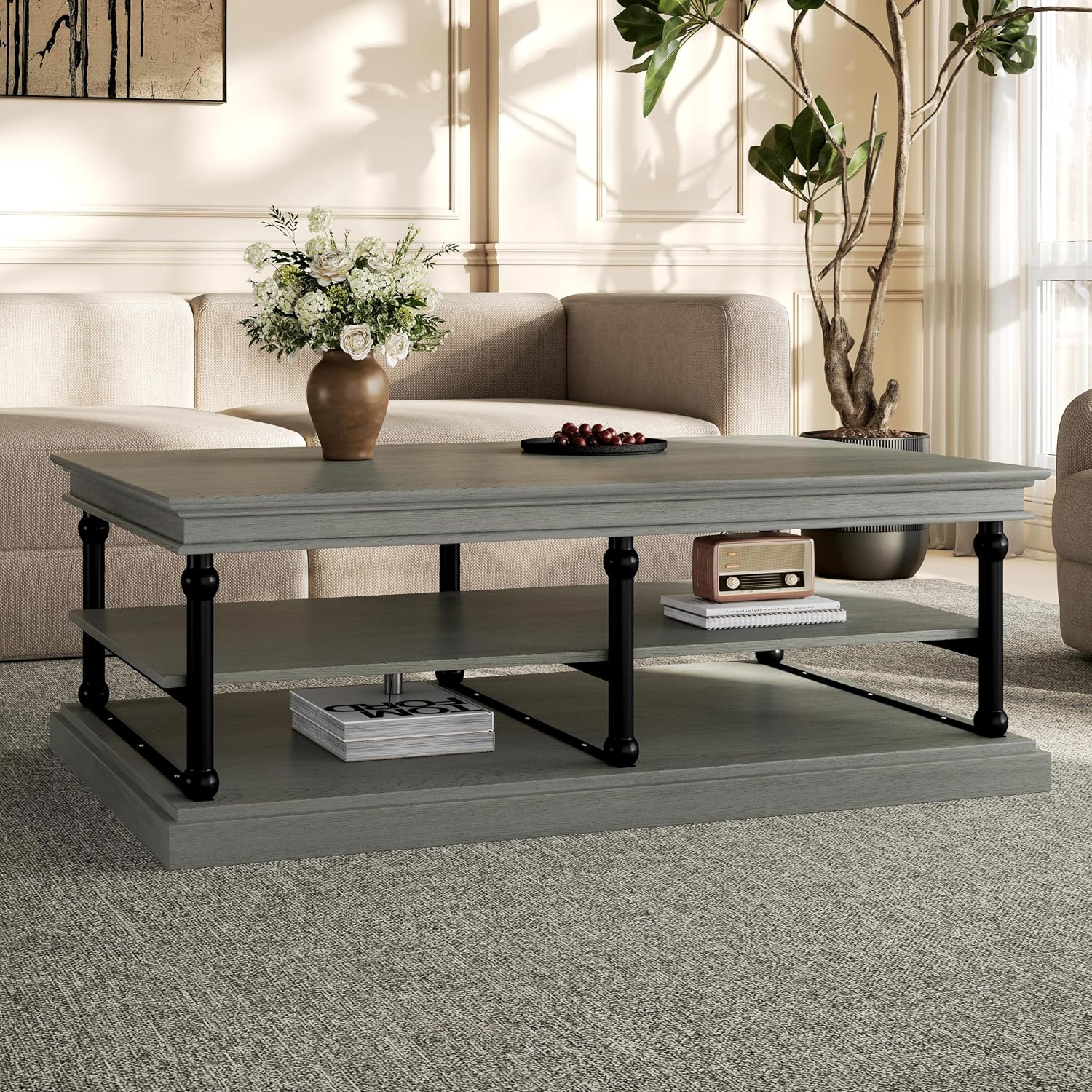 Christopher Knight Home Oner Living Room Coffee Table with Spacious 2-Tier Design, Modern Rubberwood Rectangular Side Table, Multifunctional Accent Table with Open Storage Shelves, Black + Gray