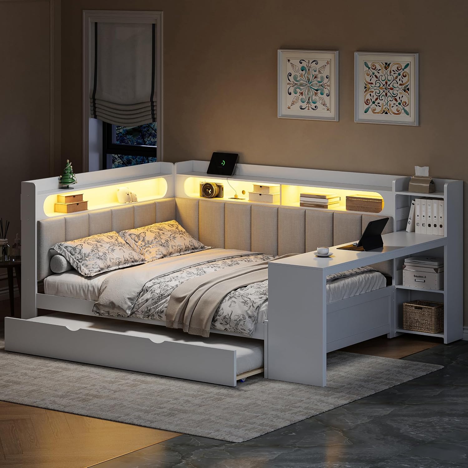 SOFTSEA Full Size Corner Bed with Desk and Trundle, Wood L-Shaped Day Bed with LED Lights, USB Ports & Upholstered Headboard, Full Corner Daybed for Kids Teens Adults, White
