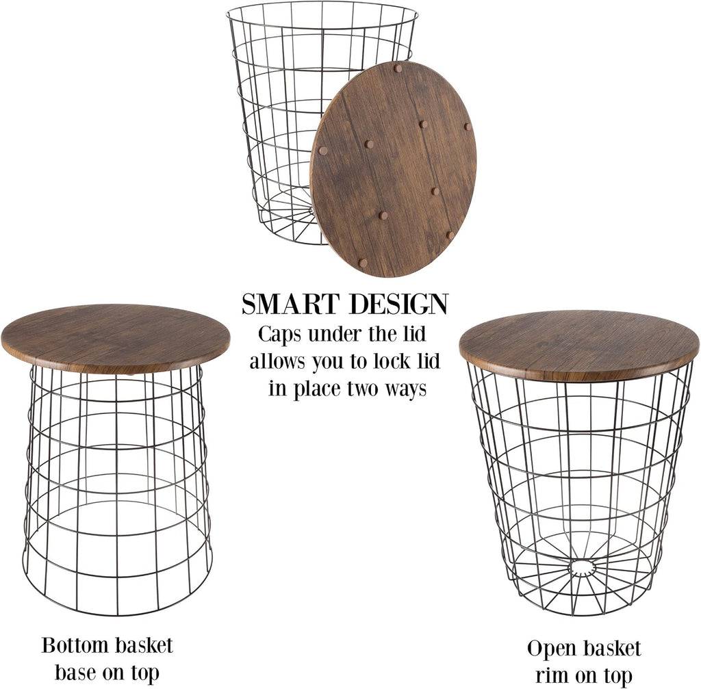 Lavish Home End Tables Set of 2 - Nesting Tables with Removable Wood Tops and Metal Basket Bases for Blanket Storage - Round Side Pieces for Living Room, Bedroom, or Home Office (Brown/Black)