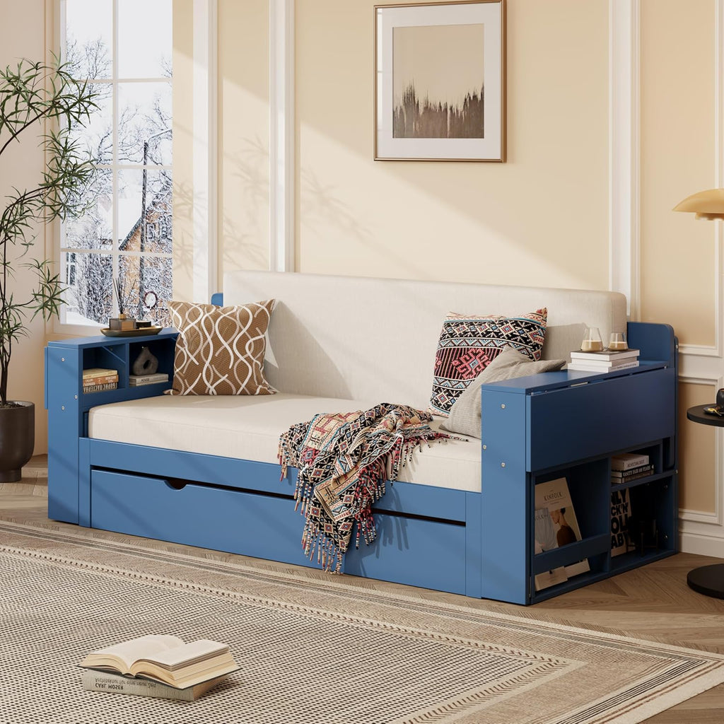 Wood Daybed Queen Size with Removable Desk and Extendable Armrests, 4-in-1 Multifunctional Design Daybed Sofa Bed with Storage Drawers & Hydraulic Side Table (Blue-11.27, Queen)