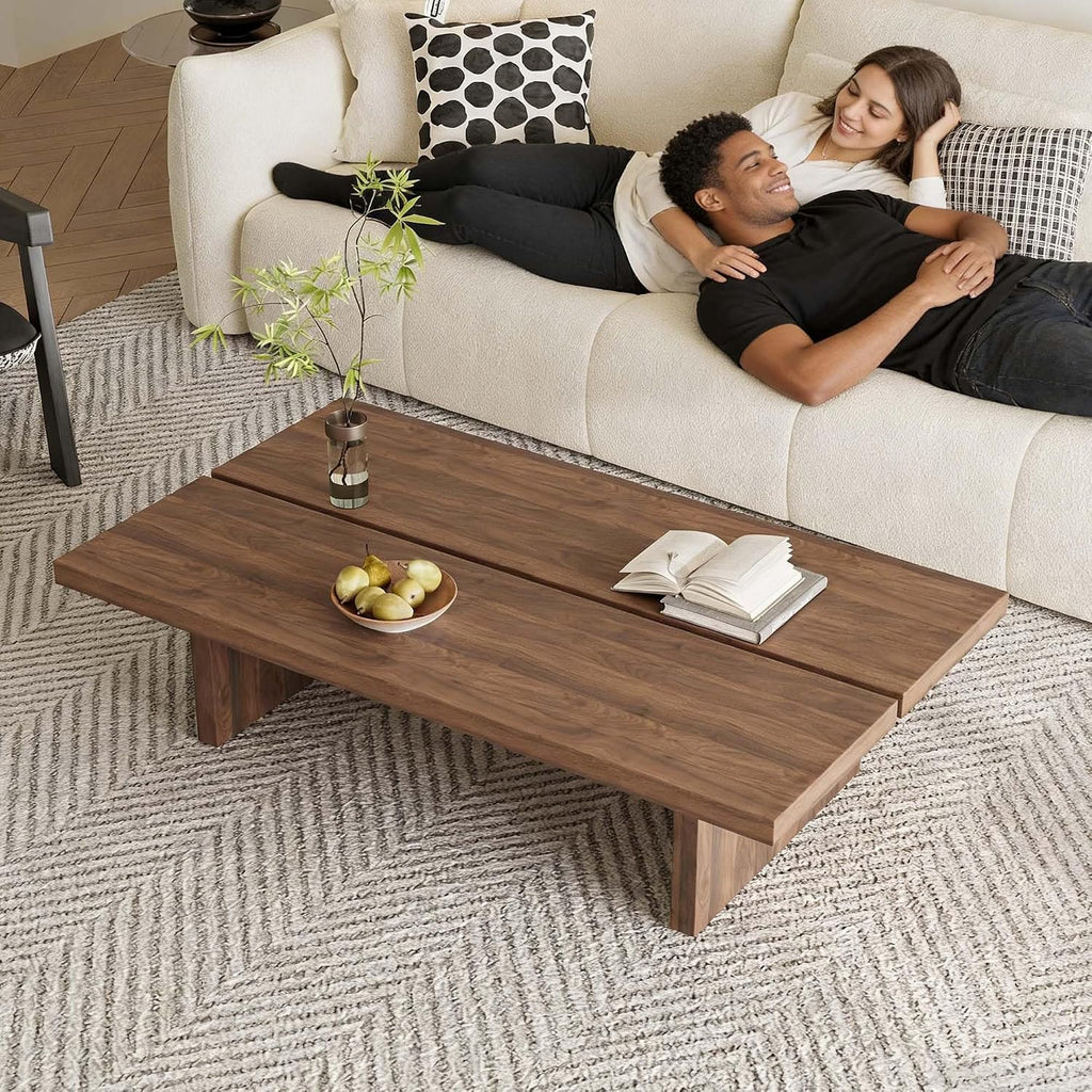 47' Rectangular Walnut Grain Coffee Table - Minimalist Modern Coffee Tables for Living Room, Japanese Tea Table, Low Profile Center Table for Home & Office (Brown)