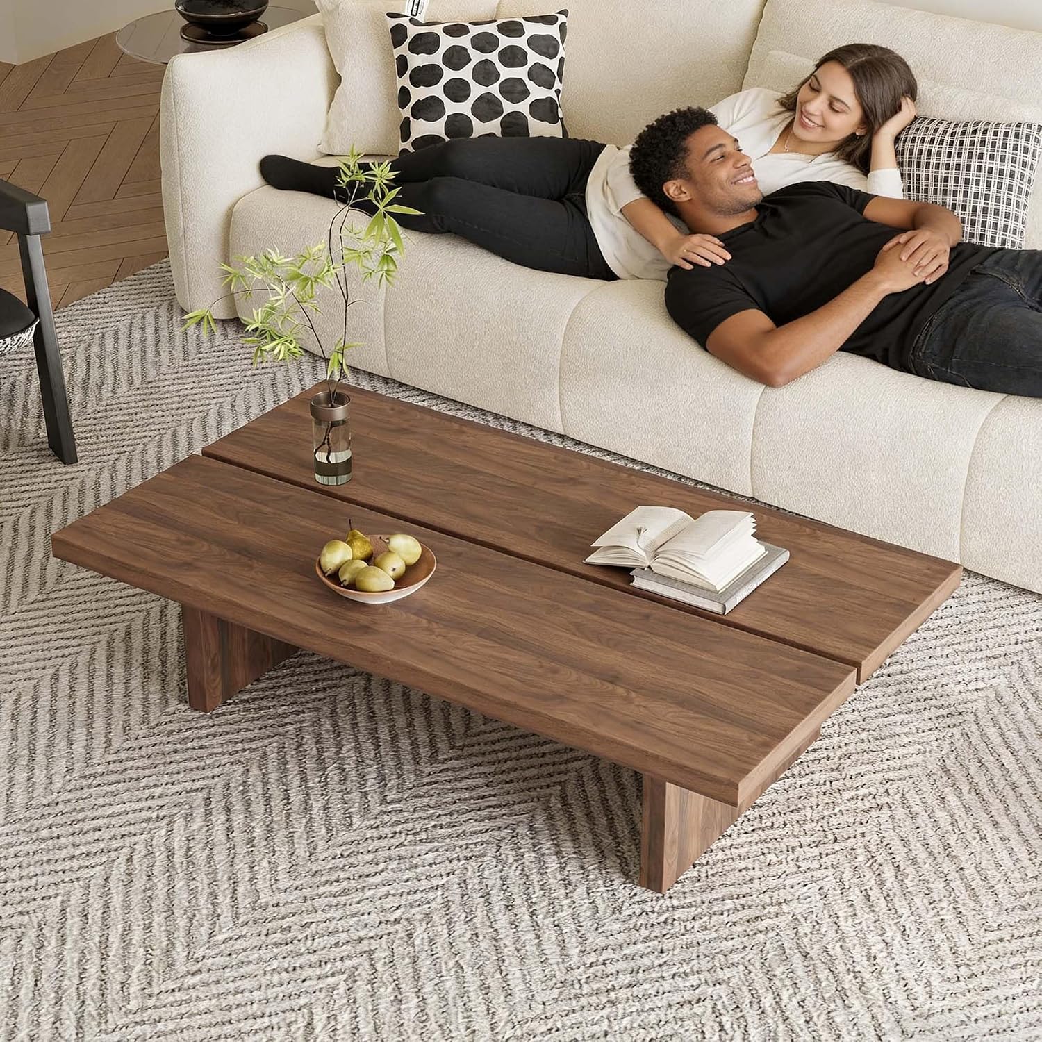 47' Rectangular Walnut Grain Coffee Table - Minimalist Modern Coffee Tables for Living Room, Japanese Tea Table, Low Profile Center Table for Home & Office (Brown)