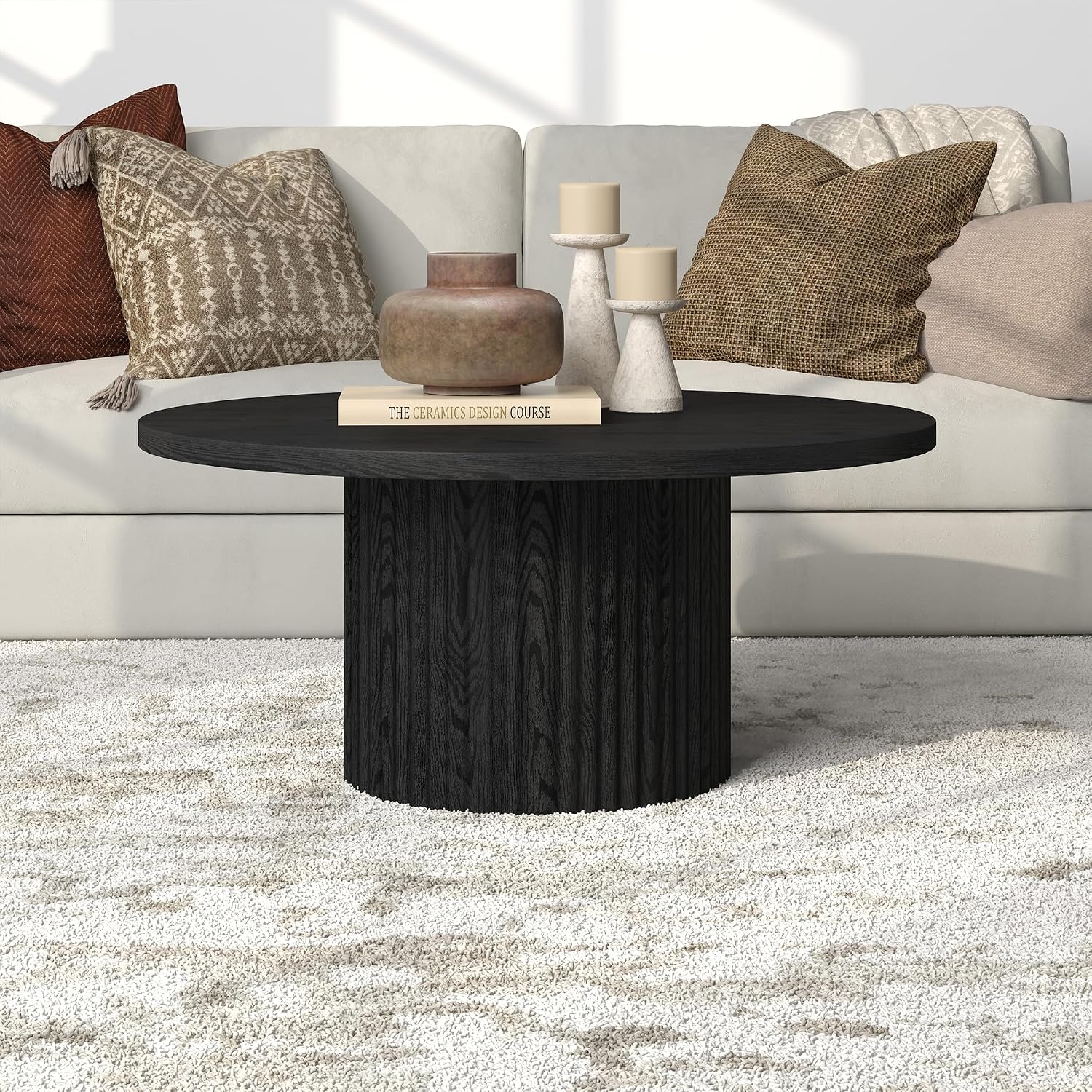 Henn&Hart 32' Fluted Round Wooden Pedestal Low-Profile Coffee Table with Ribbed Pedestal Base for Living Room, Family Room, Office, or Apartment, Natural Black