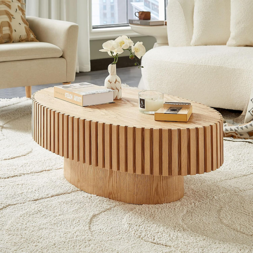 JUSTONE 43.31 Inch Oval Coffee Table, Farmhouse Wood Farmhouse Style with Handcrafted Relief & Circle Drum Design for Living Room & Apartments, 43.31x13.78 Inches (Oak)