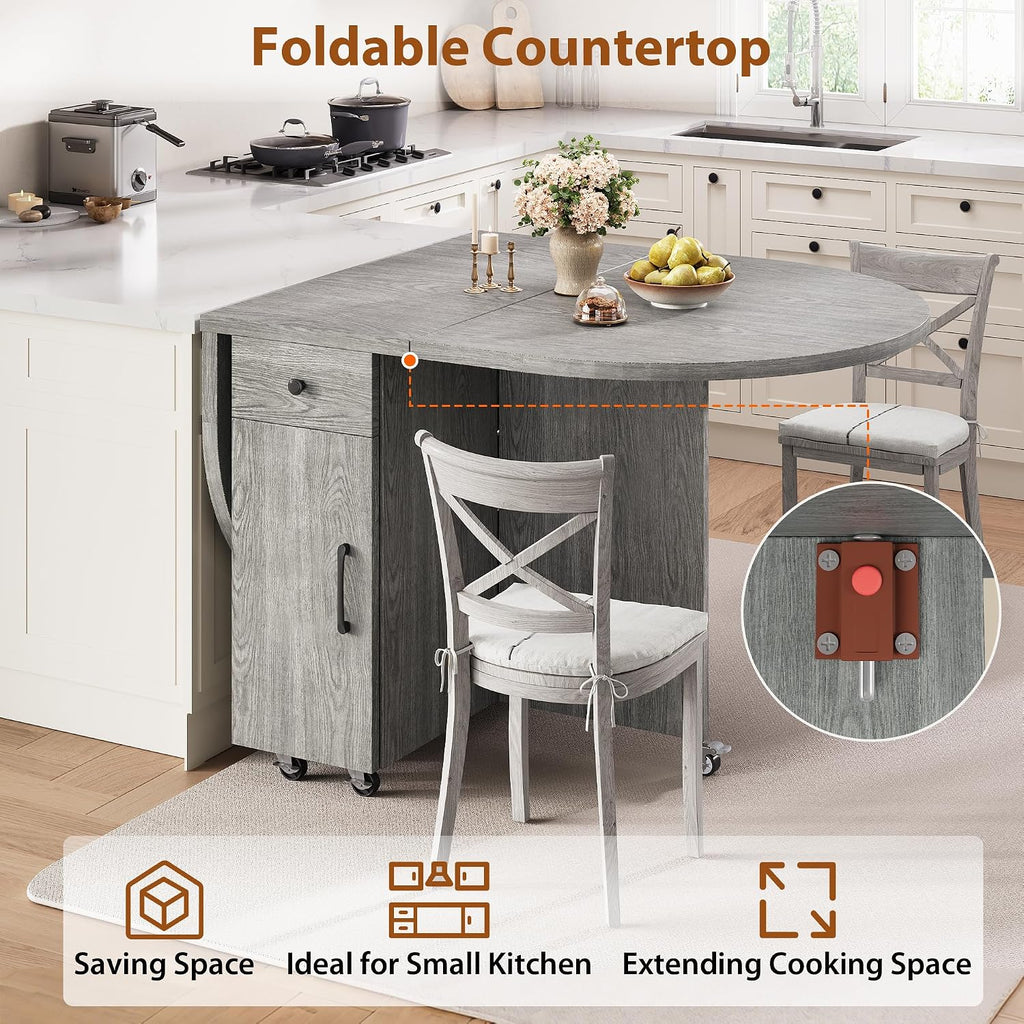Jocoevol Round Folding Dining Table for 4, Space Saving Drop Leaf Kitchen Table with Storage Drawer, 6 Wheels Oval Gateleg Foldable Dining Table for Small Spaces (Grey, 47' x 23.6' x 30')