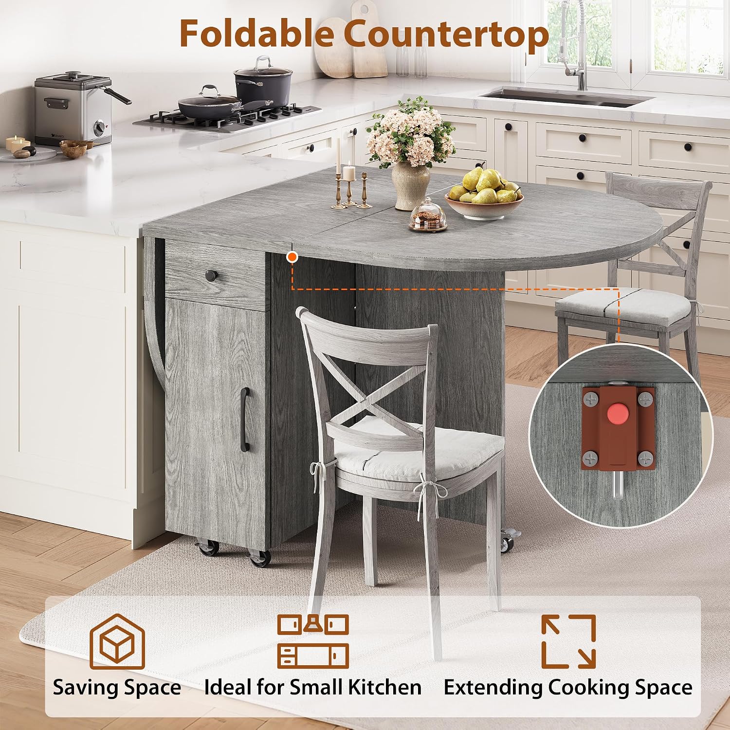 Jocoevol Round Folding Dining Table for 4, Space Saving Drop Leaf Kitchen Table with Storage Drawer, 6 Wheels Oval Gateleg Foldable Dining Table for Small Spaces (Grey, 47' x 23.6' x 30')