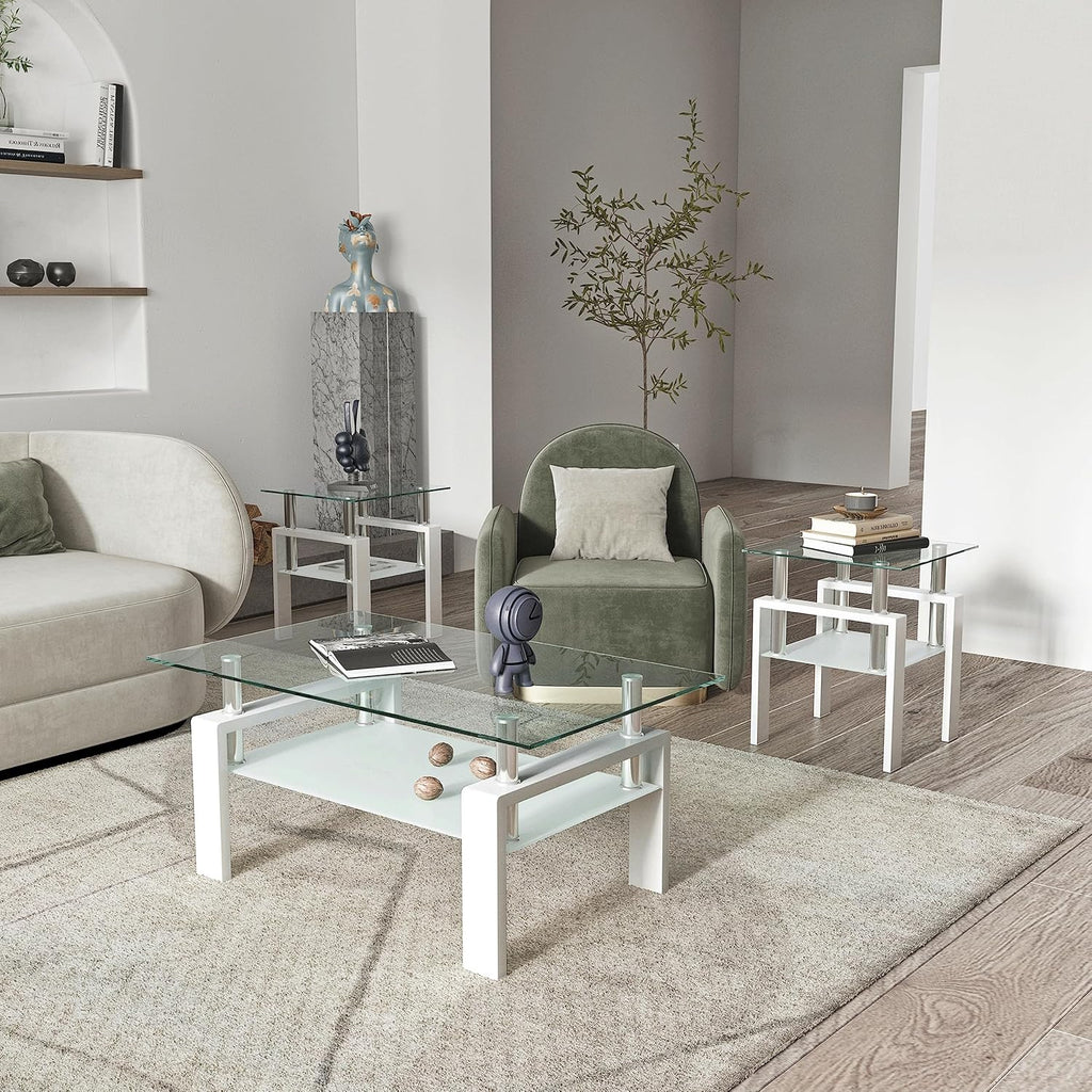 Living Room Tables Set,3 Piece Glass Coffee Table and End Tables Set for Living Room, Coffee Table Set with Tempered Glass Tabletop and Metal Frame for Apartment, Small Space, White