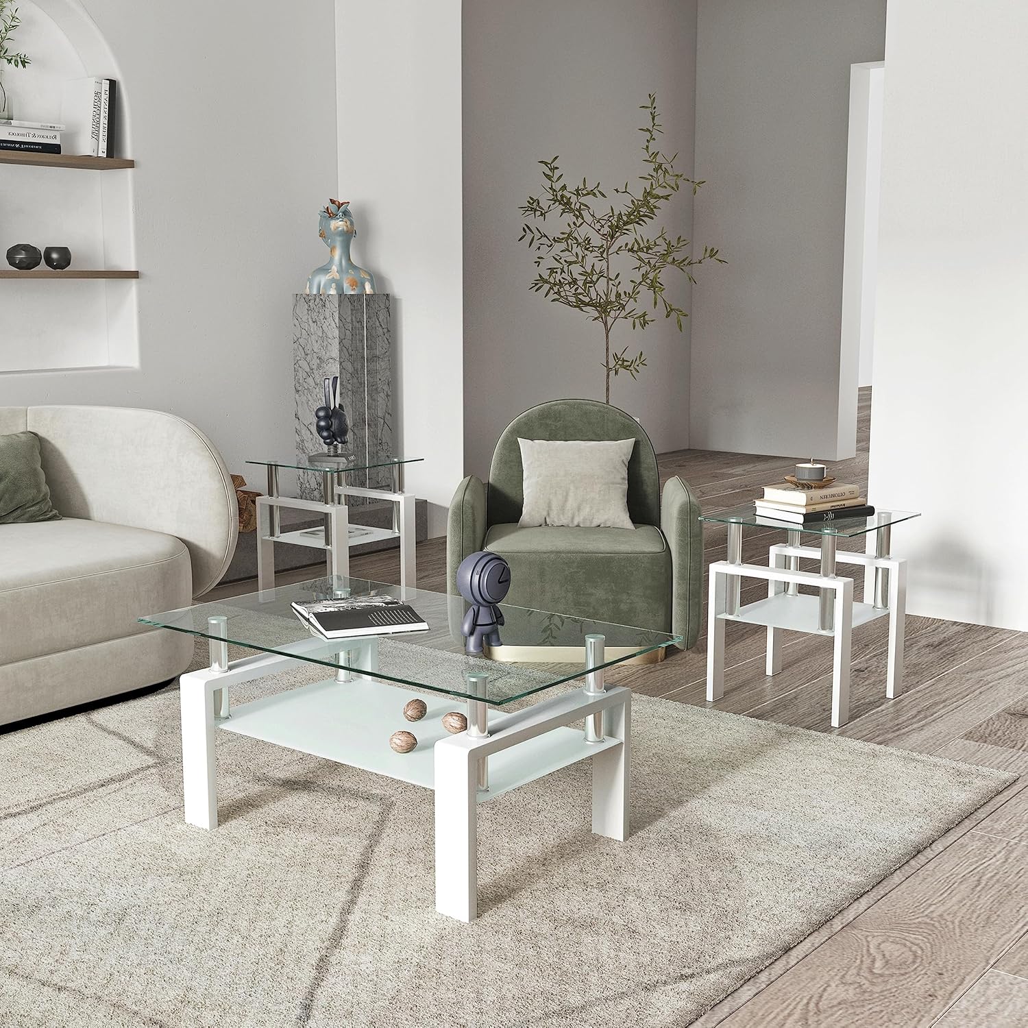 Living Room Tables Set,3 Piece Glass Coffee Table and End Tables Set for Living Room, Coffee Table Set with Tempered Glass Tabletop and Metal Frame for Apartment, Small Space, White