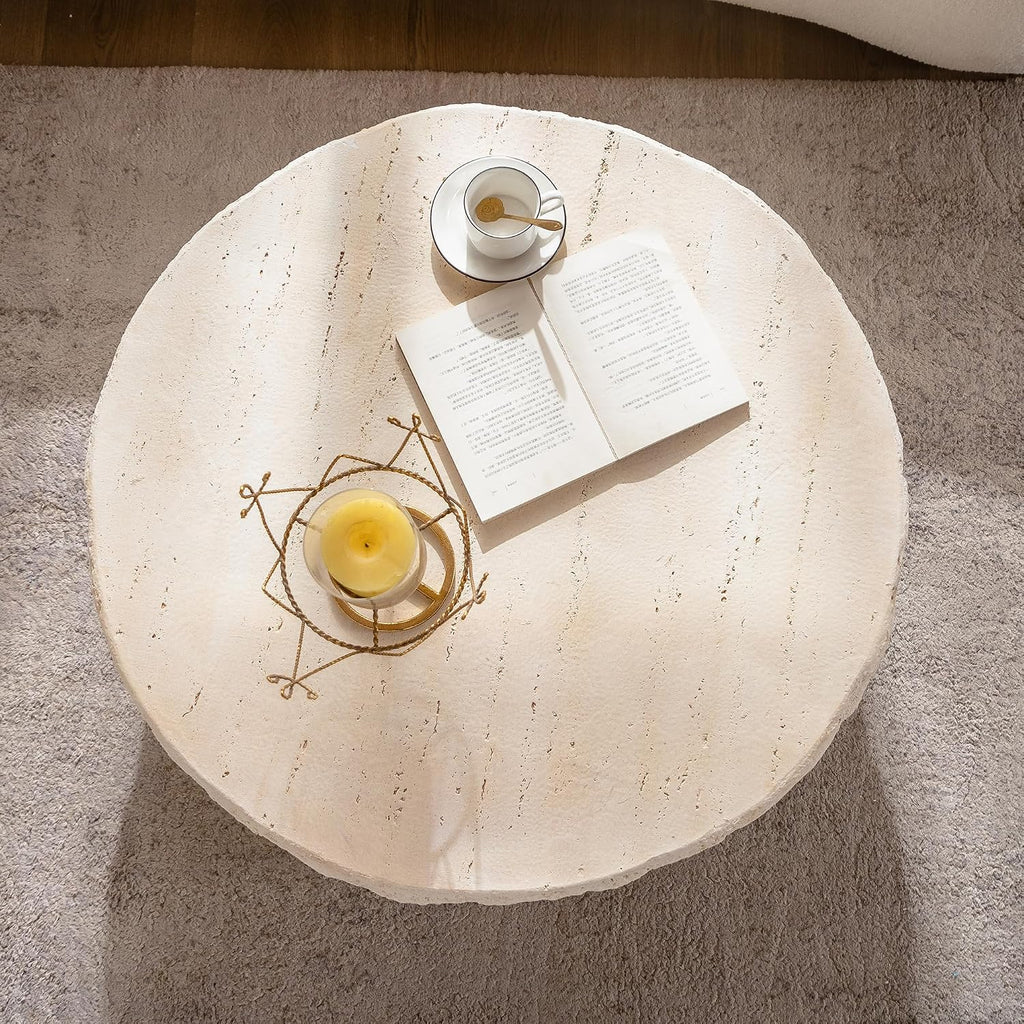 35.43' MgO Round Coffee Table for Living Room, Mid-Century Modern Vintage Faux Stone Circle Center Table for Office Apartment, Beige