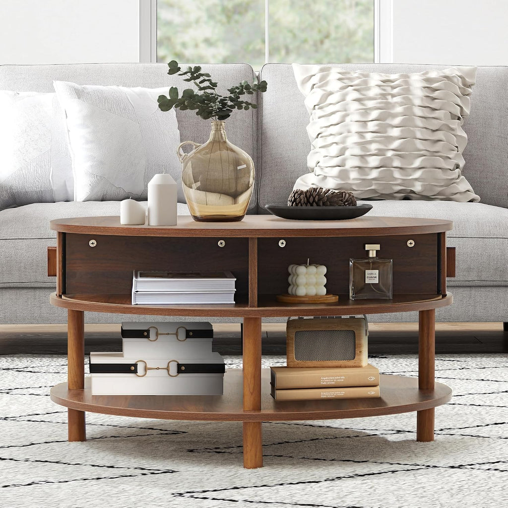 RARZOE 31.5' Round Coffee Table with Storage, Wood Circle Coffee Table with Sliding Cabinet Doors, Fluted Dining Table Accent Center Table for Living Room Home Office Apartment, Walnut