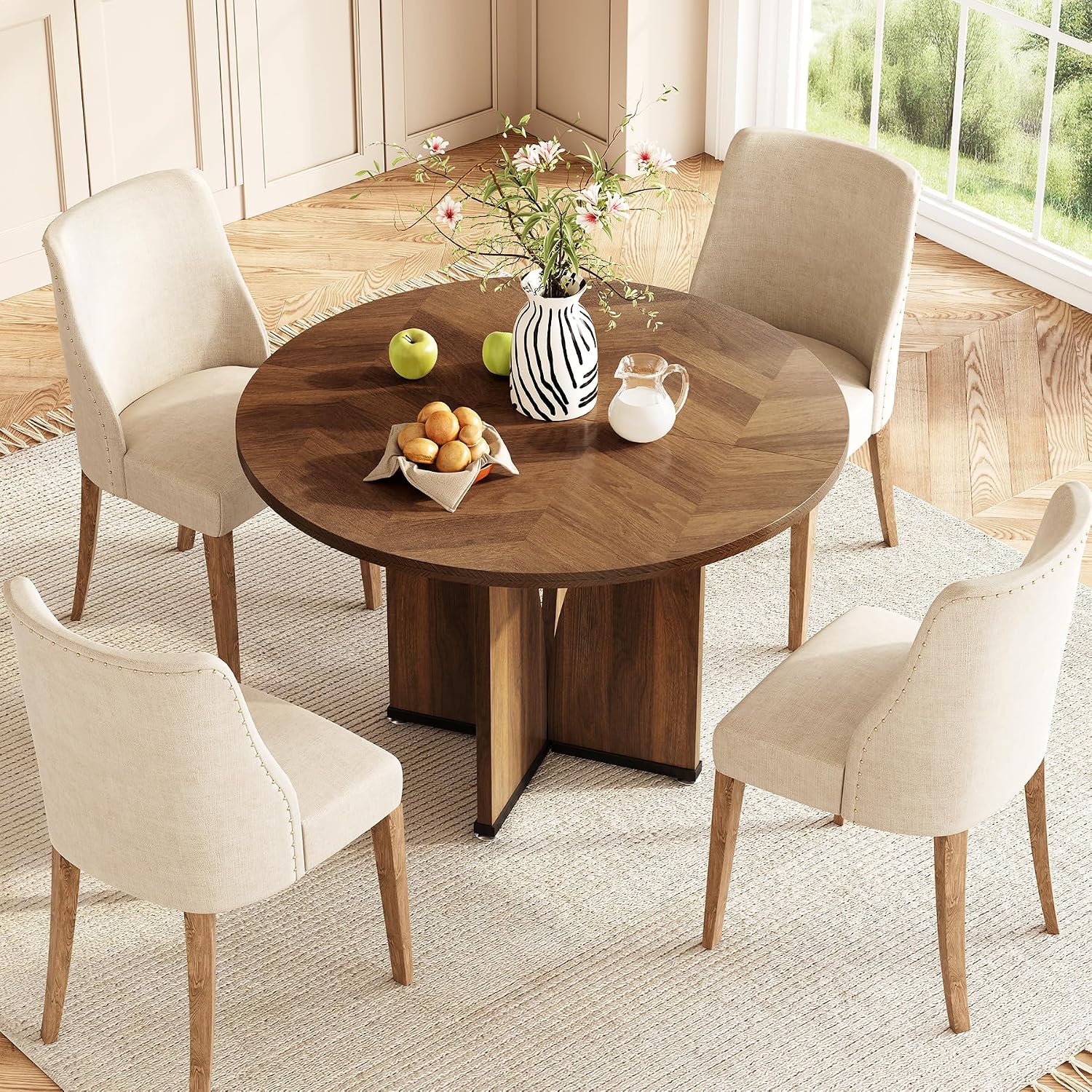 LITTLE TREE 39-Inch Round Dining Table for 4, Rustic Kitchen Table with X-Shaped Stable Pedestal, Farmhouse Dinner Table for Dining Room, Living Room, Dark Brown