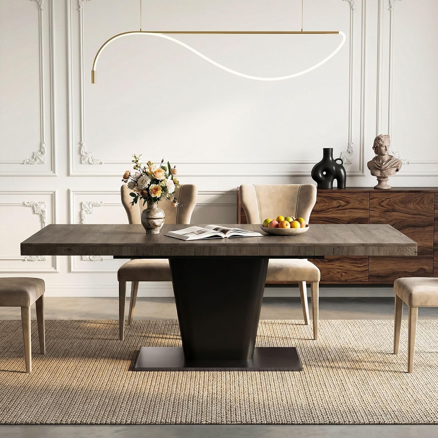 COSIEST 63'' to 78.7'' Extendable Dining Table for 4 6 8, Expandable Kitchen Table with Sturdy Metal Base, Rectangle Mid-Century Modern Dining Table for Dining Room, Kitchen, Home, Grey