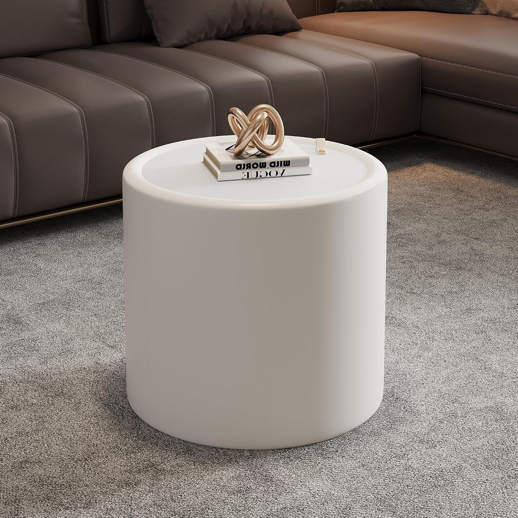 White Round Coffee Table with Hidden Storage, 19.69' Drum Coffee Table with Tempered Glass Top and PU Leather Body, Circle Cocktail Tea Table for Living Room, No Assemble