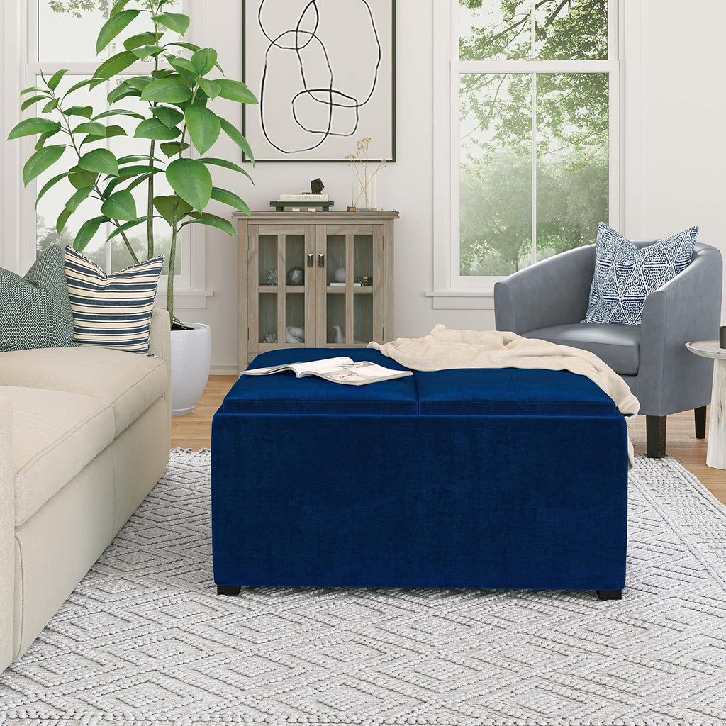 SIMPLIHOME Avalon Wide Contemporary Square Coffee Table Storage Ottoman, Blue, Table Ottoman