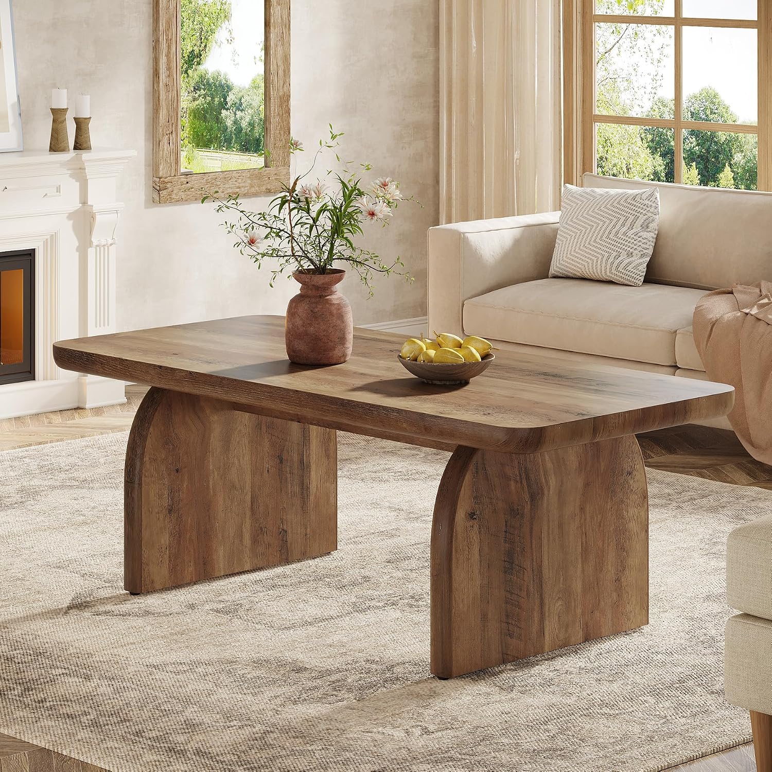 Tribesigns Coffee Table for Living Room, 47-Inch Farmhouse Rectangule Center Table with Rounded Corners, Mid-Century Modern Low Large Cocktail Tea Furniture, Easy Assembly (Rustic Brown)