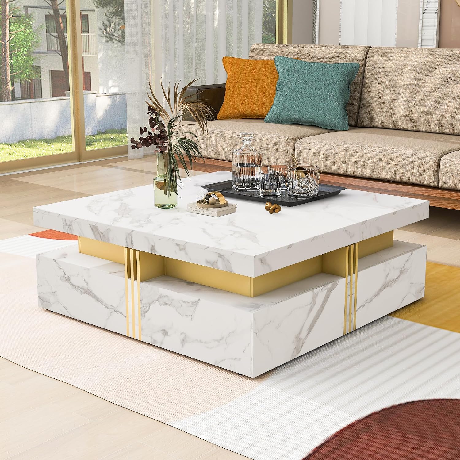 Modern White Square Storage Coffee Table with 4 Drawers for Living Room