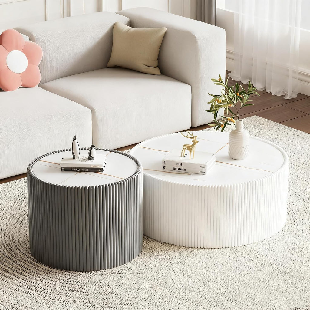 Round Coffee Table Set with Sintered Stone Tabletop, 29.52' White Drum Center Table and 17.71' Grey Coffee Table Set, 2 Pieces Living Room Table Set with Fluted PU Leather Cover& Stable Base