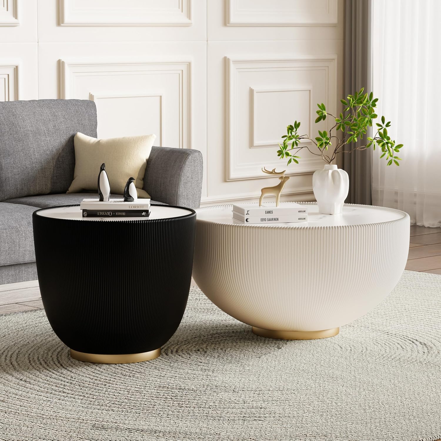 Round Coffee Table Set with Sintered Stone Tabletop, 27.56' White Drum Center Table and 19.69' Black Coffee Table Set, 2 Pieces Living Room Table Set with Fluted PU Leather Cover& Metal Base