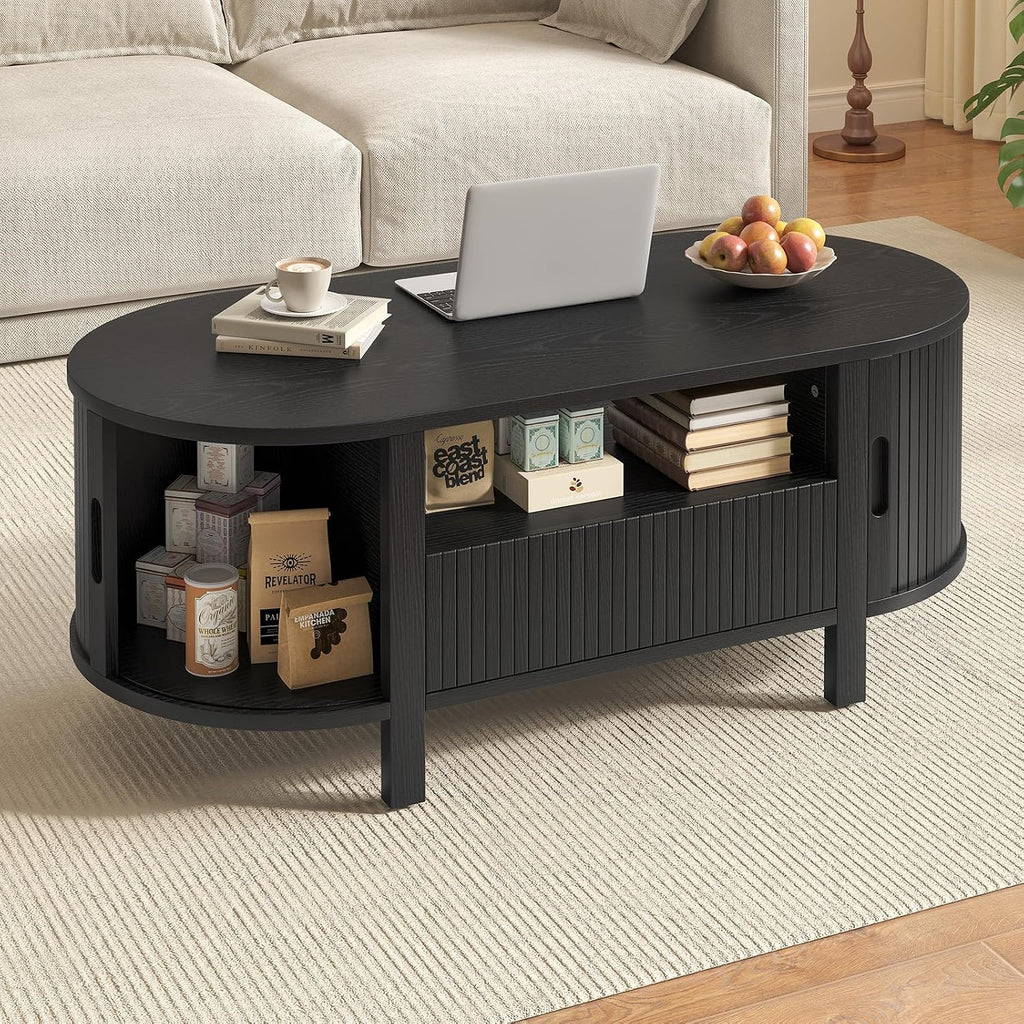 47.2' Fluted Coffee Table, Oval Coffee Table with 1 Drawer and 1 Open Shelf, Mid-Century Modern Center Tables with Storage and Sliding Doors, Coffee Tables for Living Room, Black