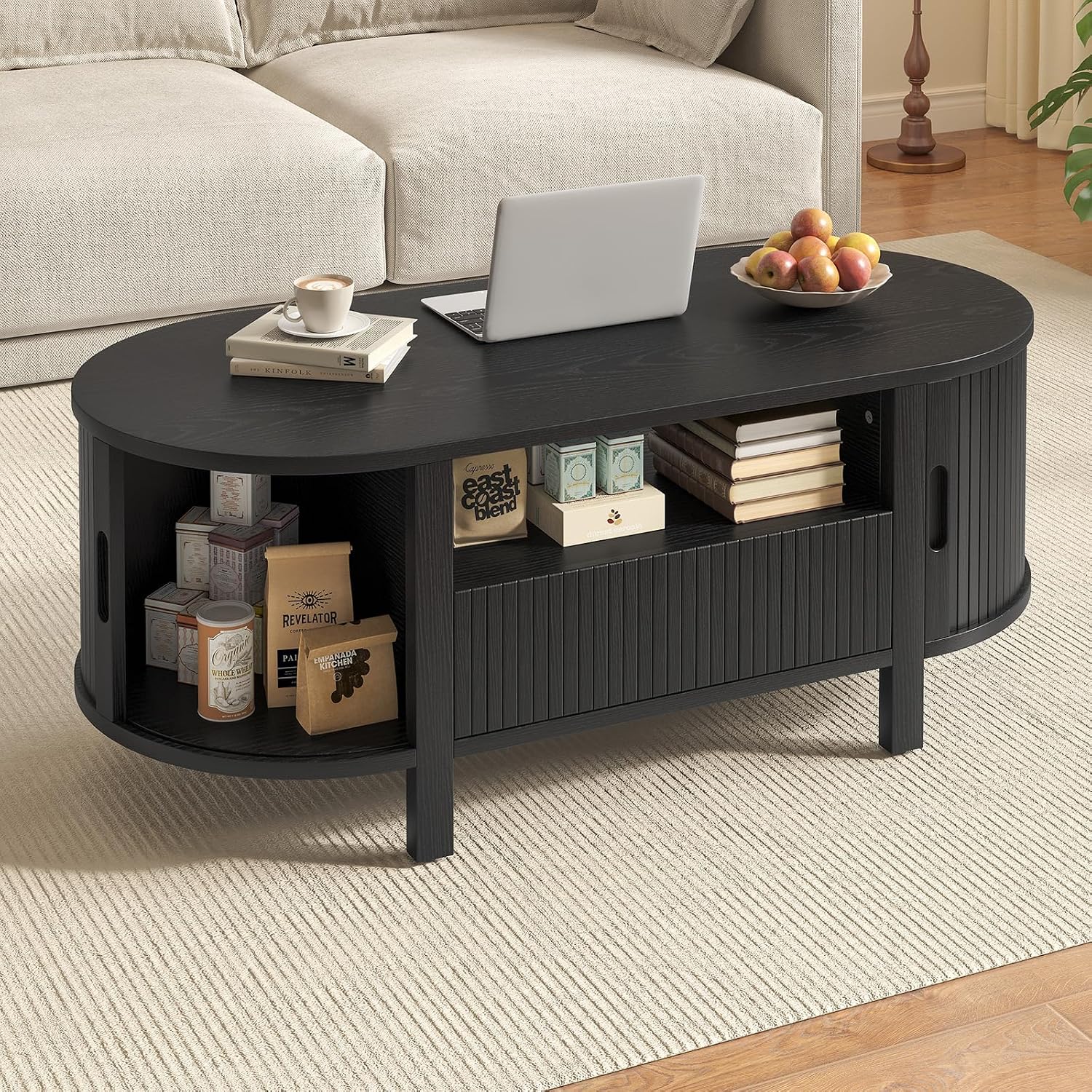 47.2' Fluted Coffee Table, Oval Coffee Table with 1 Drawer and 1 Open Shelf, Mid-Century Modern Center Tables with Storage and Sliding Doors, Coffee Tables for Living Room, Black