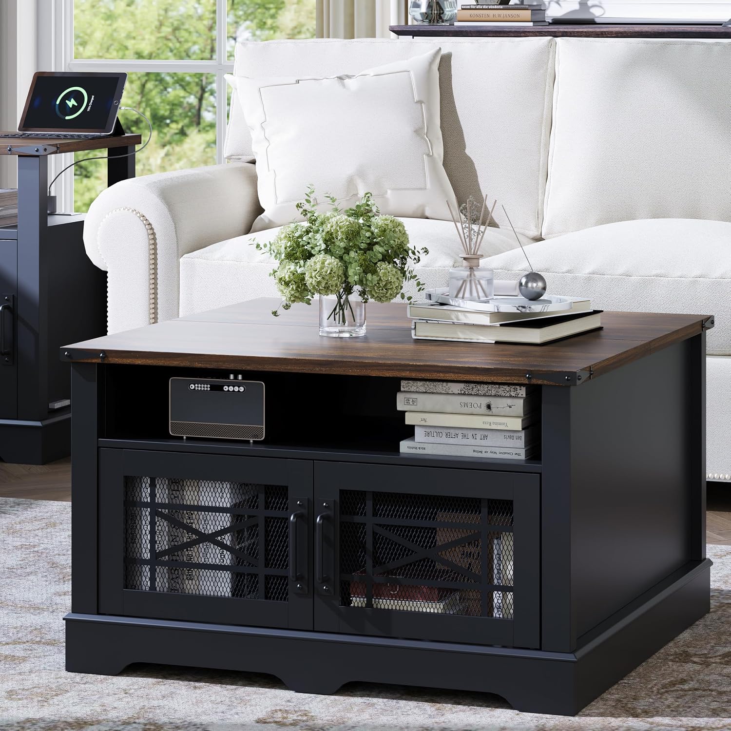Square Coffee Table, Farmhouse Coffee Tables for Living Room, Wood Coffee Table with Storage, Black Coffee Table with Hidden Compartment, Rustic Center Coffee Table with Lift-up Top