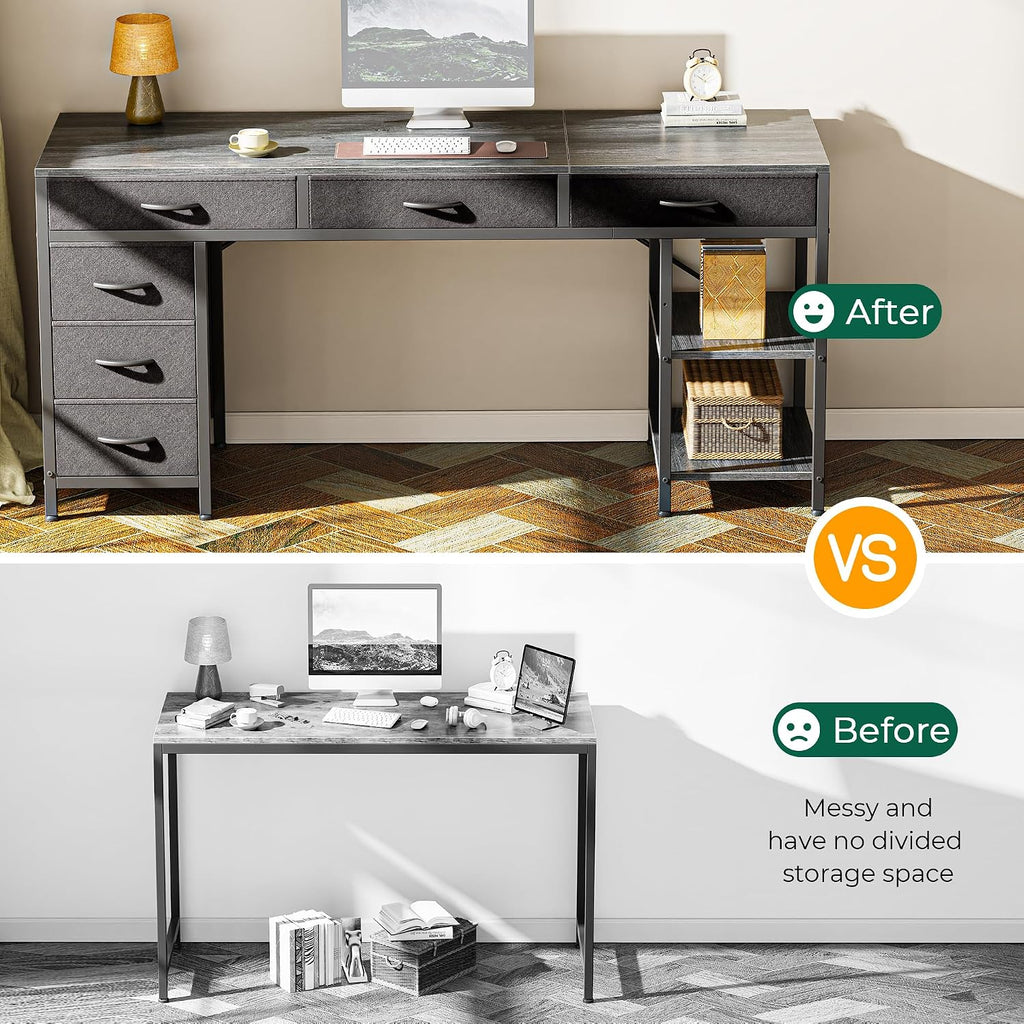 Huuger Computer Desk with 6 Drawers, Office Desk with Shelves, Reversible Gaming Desk, Corner Desk with Storage, Work for Home Office, Study, Living Room, 63inch, Grey