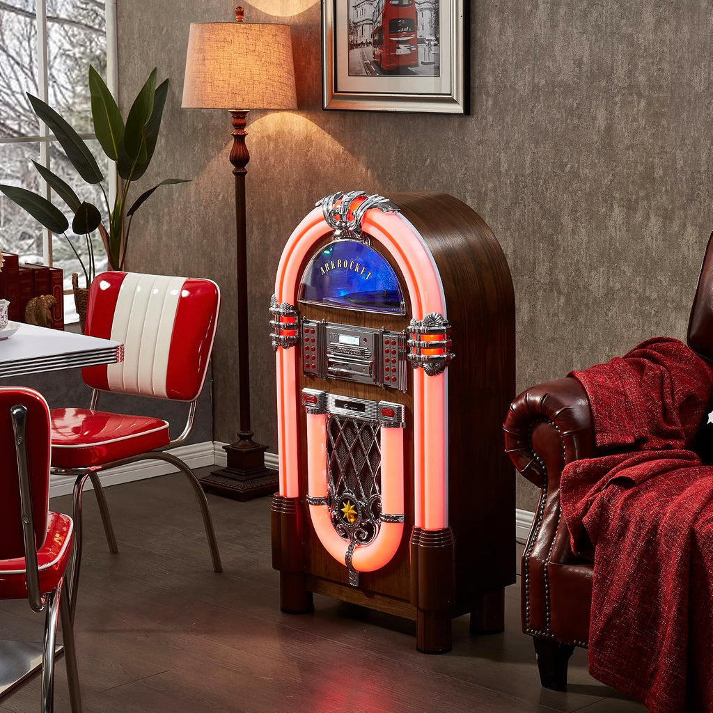 Arkrocket Full Size Jukebox Vinyl Record Player Bluetooth USB SD CD Player Radio Retro Turntable Classic Jukebox (Taurus II - Oak)