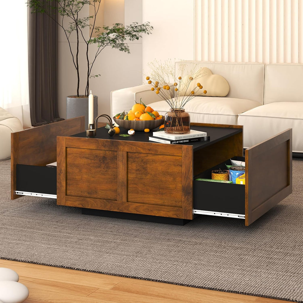 HedoAjim Farmhouse Coffee Table with 2 Storage Drawers for Living Room Square Center Middle Table Modern Cocktail Table Contemporary Mid Century Wood Home Office Waiting Room, Black Rustic