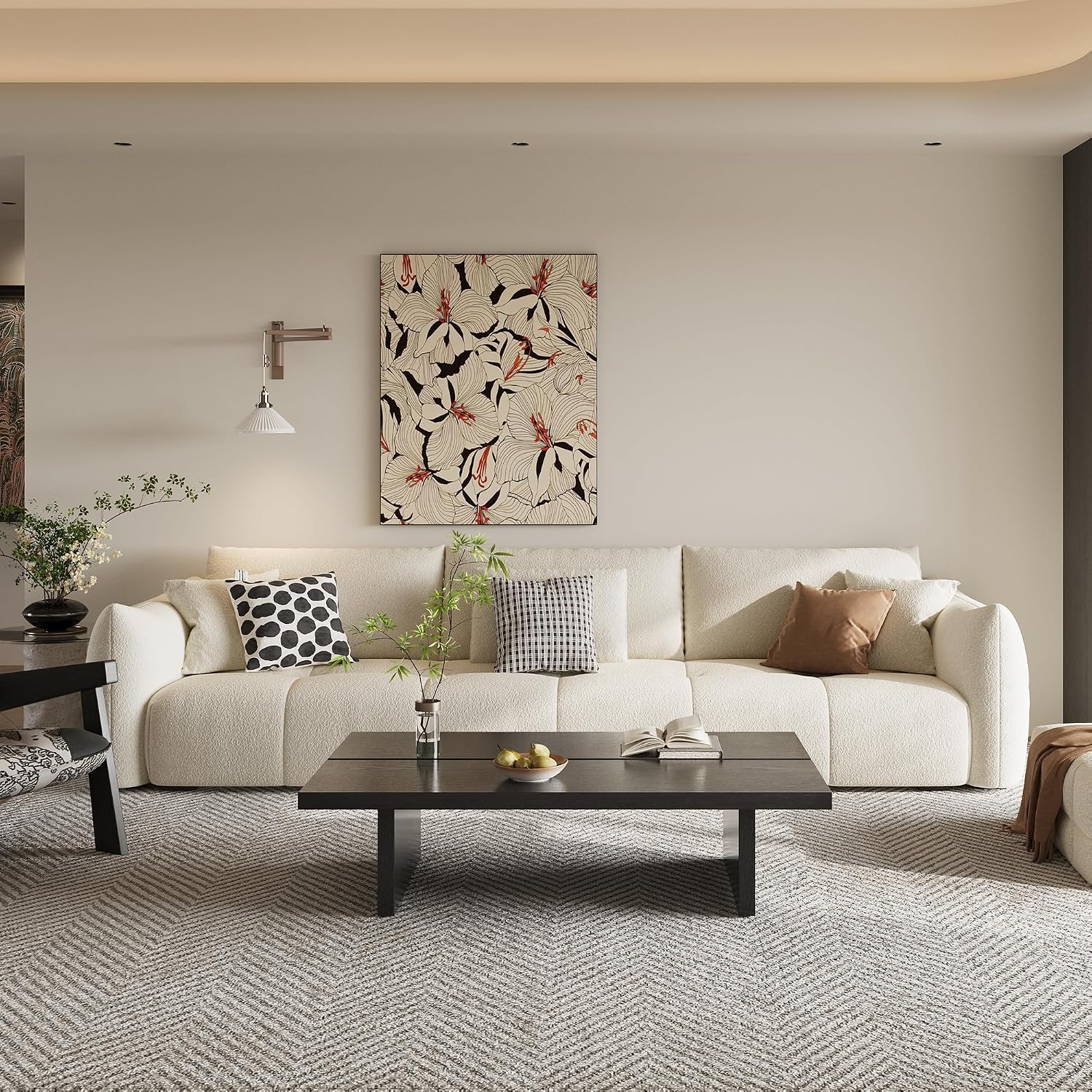 47' Rectangular Walnut Grain Coffee Table - Minimalist Modern Coffee Tables for Living Room, Japanese Tea Table, Low Profile Center Table for Home & Office (Black)