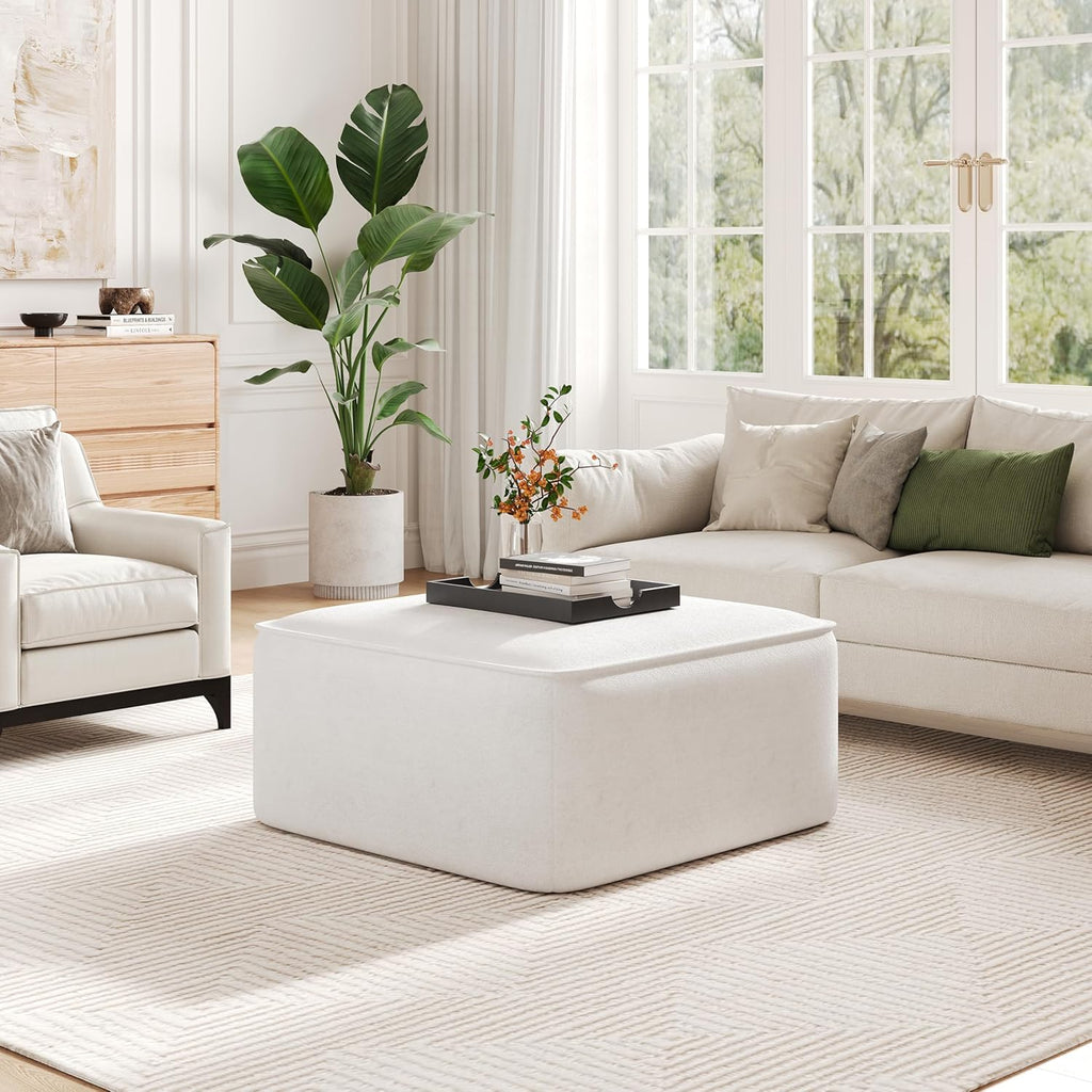 Christopher Knight Home Isa Velvet Ottoman Footstool, Square Pouf Poufee Footrest Ottoman Large Seat, Modern Side Table for Living Room Bedroom Home Decor, Cream, 30'