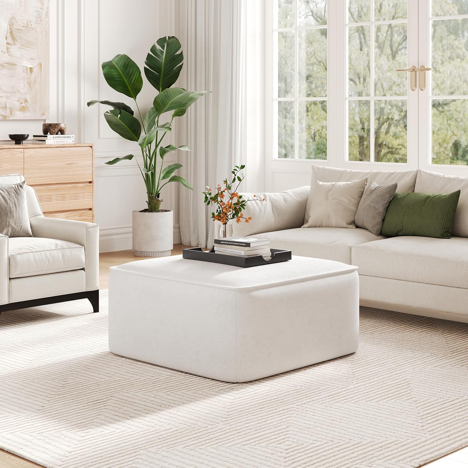 Christopher Knight Home Isa Velvet Ottoman Footstool, Square Pouf Poufee Footrest Ottoman Large Seat, Modern Side Table for Living Room Bedroom Home Decor, Cream, 30'